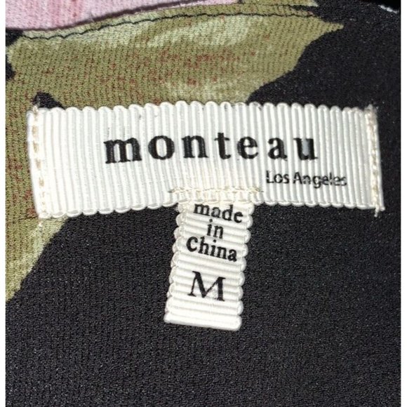 Monteau Los Angeles Sz MEDIUM Black Floral Pullover Blouse Keyhole Back EUC - Picture 9 of 10